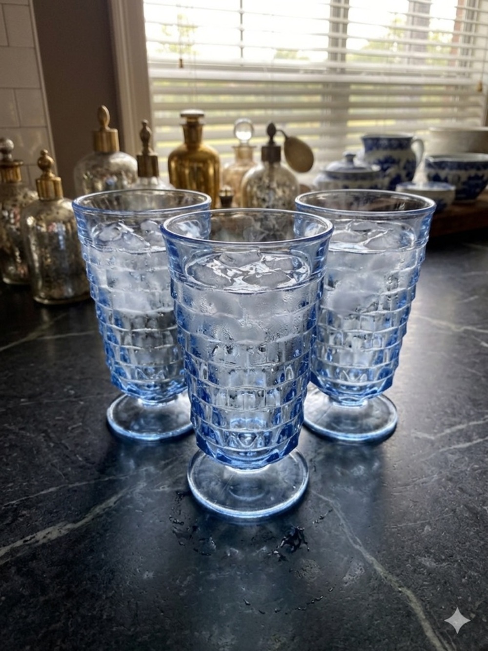 Retro Blue Glass Footed Tumblers | MCM Style Shuttered Pattern Drinkware Set / 3 - Picture 2 of 2